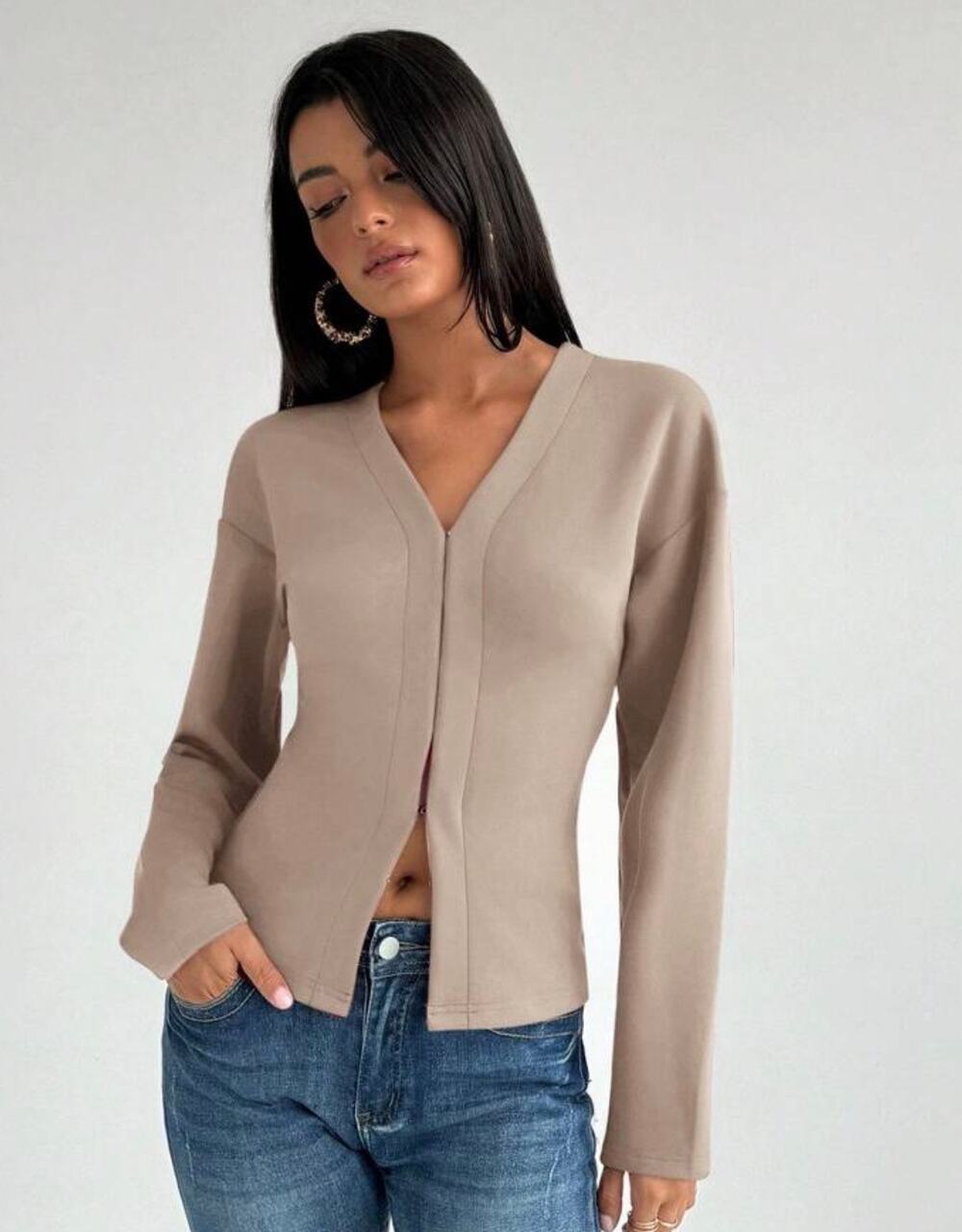 NWT Sleek Taupe V-Neck Knit Structured Waist Cardigan-Size S